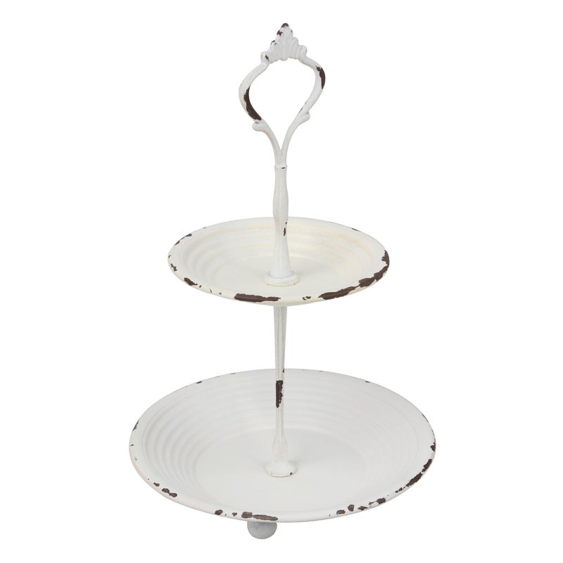 Stonebriar Small 2 Tier Worn White Metal Tray, Rustic Farmhouse Decor, Tiered Jewelry Tray for Vanity or Bathroom, 9.25" - Image 3